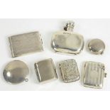 A GEORGE V SILVER HIP FLASK 7CM H SHEFFIELD 1911 TWO SILVER VESTA CASES AND A SILVER BOOKMATCH