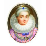 A SILVER BROOCH SET WITH A 19TH CENTURY PAINTED PORCELAIN PLAQUE OF THE HEAD OF A 16TH CENTURY