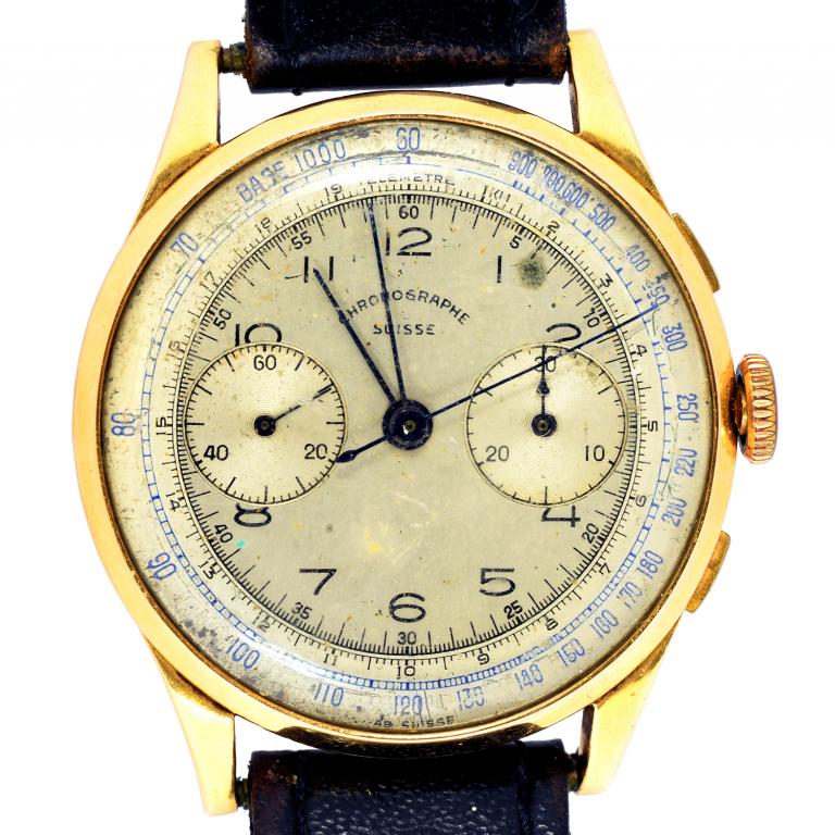 A SWISS GOLD GENTLEMAN'S CHRONOGRAPH, CASE BACK DETACHED