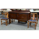 A SET OF FOUR OAK DINING CHAIRS, AN OAK GATELEG TABLE AND A MAHOGANY SIDEBOARD