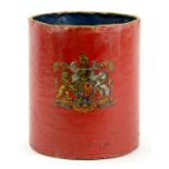 THE LOWER PART OF A RED PAINTED LEATHER CORDITE BUCKET WITH ROYAL ARMS TRANSFER, 25CM H