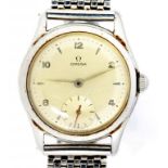 AN OMEGA STAINLESS STEEL GENTLEMAN'S WRISTWATCH THE CASE BACK ENGRAVED WITH NAME AND DATE 1954, 31MM