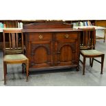 A CARVED OAK SIDEBOARD 95CM X 122CM AND A SET OF FOUR OAK DINING CHAIRS