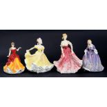 FOUR ROYAL DOULTON BONE CHINA FIGURES OF YOUNG WOMEN, LARGEST 22CM H, PRINTED MARK