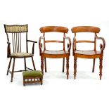 A PAIR OF MAHOGANY ELBOW CHAIRS, ANOTHER CHAIR AND A FOOTSTOOL