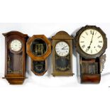 MISCELLANEOUS OAK AND OTHER MANTLE CLOCKS 1920'S-40'S, FOUR VARIOUS CLOCK CASE AND OTHER WALL