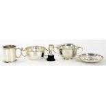 A GEORGE V SILVER PORRINGER 14CM OVER HANDLES BIRMINGHAM 1923 ANOTHER WITH STAND, A SILVER