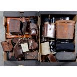 MISCELLANEOUS VINTAGE CAMERAS AND BINOCULARS, LEATHER CASED OR OTHERWISE