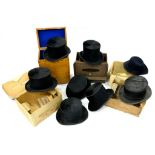 SEVEN GENTLEMAN'S BLACK SILK TOP HATS BY VARIOUS HATTERS IN BAIZE LINED OAK HAT BOX OR CARD BOXES,