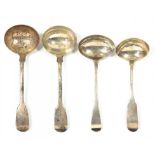 A PAIR O F WILLIAM IV SILVER SAUCE LADLES, FIDDLE PATTERN, LONDON 1833 AND TWO OTHER SAUCE LADLES,