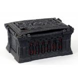 A VICTORIAN GOTHIC CARTON PIERREN STAUNTON CHESS SET BOX BY JACQUES, LONDON, 21CM W UNDERSIDE WITH