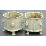 A PAIR OF CAST IRON JARDINIERES WITH LION MASKS, 26CM H