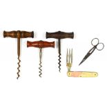 THREE VICTORIAN STEEL STRAIGHT POLE CORKSCREWS WITH TURNED WOOD HANDLE AND TWO OTHER ITEMS