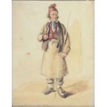 ENGLISH SCHOOL, 19TH CENTURY - PORTRAIT OF A COACHMAN, FULL LENGTH, WATERCOLOUR WITH INSCRIPTION