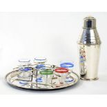 AN ART DECO EPNS COCKTAIL SET COMPRISING COCKTAIL SHAKER, 26CM H, TRAY AND PART SET OF FIVE