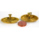 A PAIR OF VICTORIAN BRASS OVAL CHAMBER CANDLESTICKS, WITH EJECTORS 23CM W AND A VICTORIAN OR EARLY