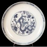 A BLUE AND WHITE DRAGON DISH IN MING STYLE , 30CM DIAM