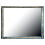 A BLUE PAINTED AND SILVERED WOOD MIRROR WITH BEVELLED PLATE, 118CM X 90CM