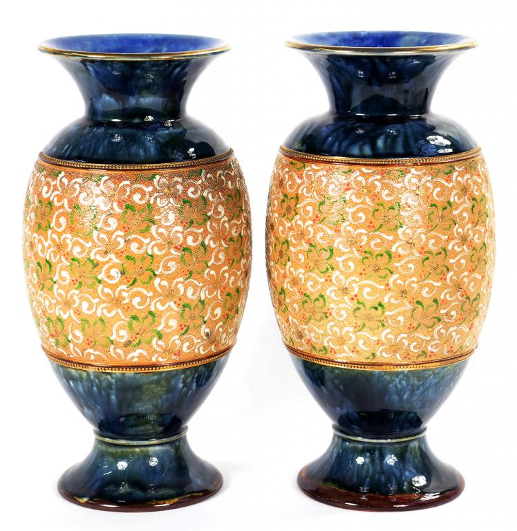 A PAIR OF DOULTON & SLATER PATENT WARE BALUSTER VASES, 38CM H