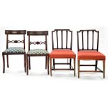 TWO PAIRS OF VICTORIAN MAHOGANY DINING CHAIRS AND A VICTORIAN MAHOGANY AND LINE INLAID WASHSTAND,