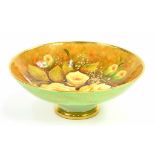 A COALPORT APPLE GREEN GROUND FOOTED BOWL, PAINTED WITH YELLOW ROSES AND GILT RIM SIGNED BY M