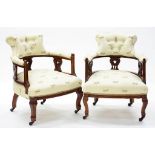 A PAIR OF VICTORIAN WALNUT SALON CHAIRS, UPHOLSTERED IN CREAM WITH DRAGONFLIES