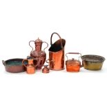 A VICTORIAN OBLONG COPPER KETTLE AND COVER, 26CM H, A COPPER HAYSTACK MEASURE, TWO HANDLED VASE, JAM