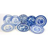 EIGHT BLUE PRINTED EARTHENWARE BLUE AND WHITE PLATES INCLUDING DAVENPORT WEDGWOOD FALLOW DEER, EARLY