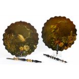 A PAIR OF VICTORIAN PAINTED PAPIER MACHE HAND SCREENS, DECORATED WITH BIRDS AND A FOUNTAIN, TURNED