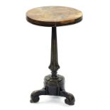 A VICTORIAN CAST IRON PEDESTAL ADAPTED AS A TABLE SUPPORT WITH TRIPOD BASE AND OAK TOP, 73CM H AND A