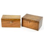 TWO GEORGE III INLAID MAHOGANY TEA CADDIES WITH SHELL OR FLOWER PATERA, 19CM AND 20CM W (ONE