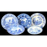 A PAIR OF SPODE BLUE PRINTED EARTHENWARE TOWER PATTERN SOUP PLATES, 24CM DIAM TWO OTHERS AND A