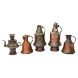 FOUR ANATOLIAN COPPER LIDDED JUGS, TWO TINNED AND A SIMILAR PERSIAN SAMOVAR, ALL LATE 19TH/EARLY