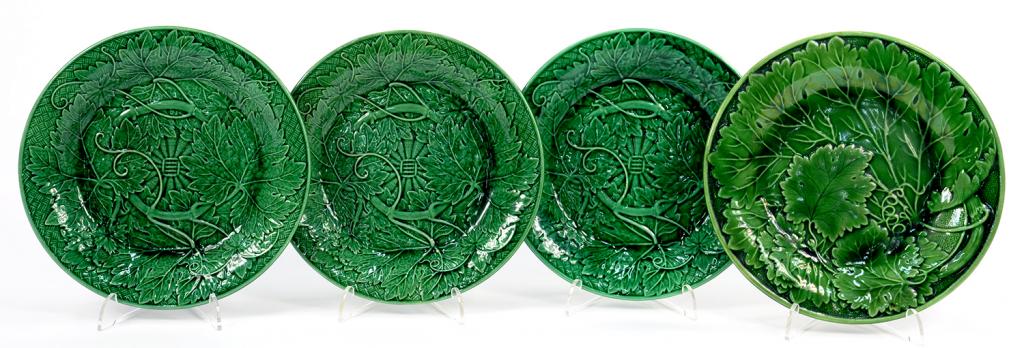 THREE WEDGWOOD GREEN GLAZE LEAF MOULDED PLATES, IMPRESSED MARKS, MID 19TH C AND ANOTHER SIMILAR,