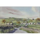 ANGUS RANDS - A VILLAGE, SIGNED, WATERCOLOUR, 35.5CM X 53CM