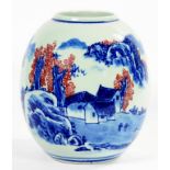 A CHINESE UNDERGLAZE BLUE AND RED OVOID VASE WITH A LANDSCAPE SCENE, 25CM H, 20TH C