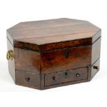 A VICTORIAN WALNUT WORKBOX WITH BRASS RING HANDLES AND FITTED WITH THREE DRAWERS, ONE WITH GILT