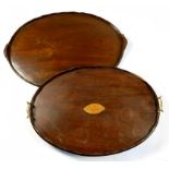 A MAHOGANY GALLERY TRAY, 68CM W AND ANOTHER WITH BRASS HANDLES, BOTH EARLY 20TH CENTURY