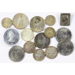 A SMALL COLLECTION OF CROWNS AND OTHER SILVER COINS AND A FRENCH ART NOUVEAU SILVERED BRONZE