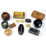 A COLLECTION OF 19TH CENTURY AND LATER PAPIER MACHE, TREEN AND OTHER SNUFF AND OTHER BOXES