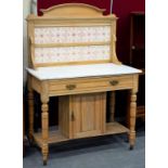 A VICTORIAN PINE WASHSTAND WITH MARBLE TOP 92CM W AND TEA TROLLEY AND OCCASIONAL TABLE