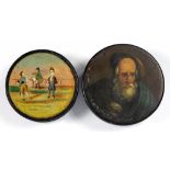 TWO 19TH CENTURY PAPIER MACHE SNUFF BOXES, ONE PAINTED WITH THE HEAD OF A MAN, THE OTHER PRINTED AND