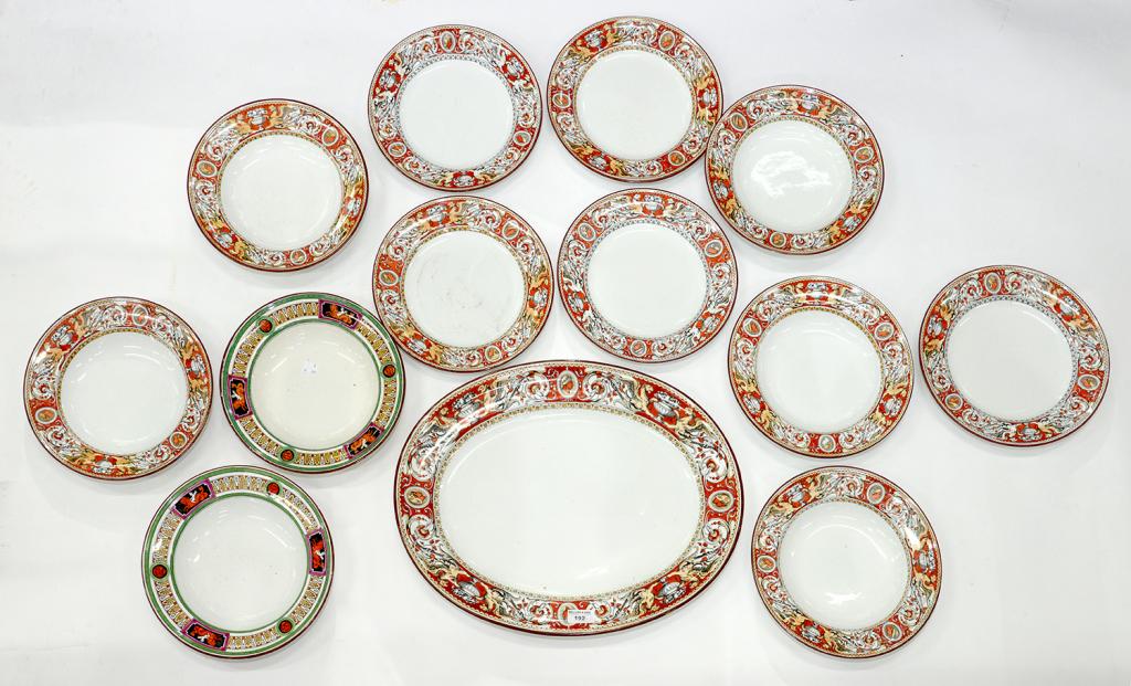 A MINTON EARTHENWARE FLORENTINE PATTERN PART DINNER SERVICE, IMPRESED AND PRINTED MARKS, BEST BODY