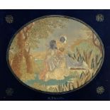 A REGENCY EMBROIDERED SILK PICTURE OF THE FINDING OF MOSES, WITH WATERCOLOUR DETAIL IN VERRE