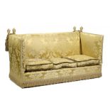 A KNOLE SETTEE IN GOLD BROCADE AND A SIMILAR ARMCHAIR, C1930-50, WITH CUSHIONS, SETTEE 104CM H, 53