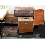A LATE VICTORIAN CROCODILE HIDE DRESSING CASE, 51CM W, A LEATHER SUITCASE, A CANVAS COVERED TRUNK,