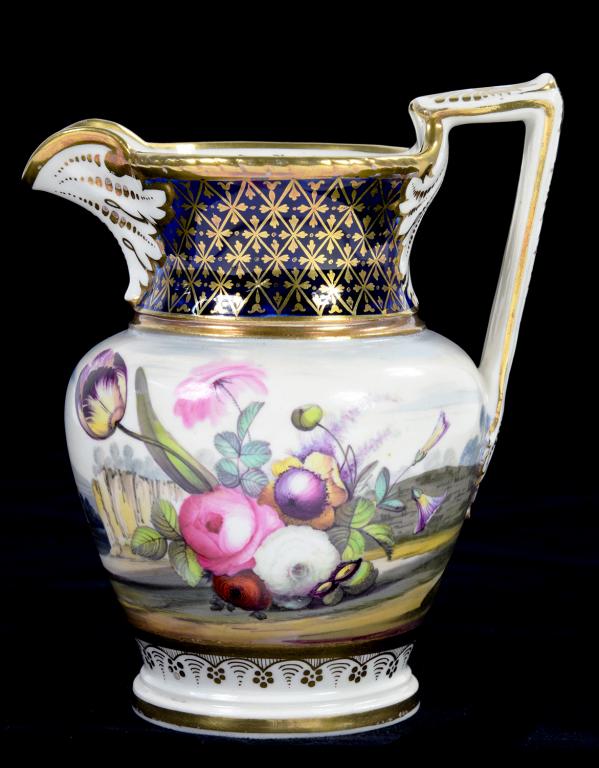 EARLY 19TH CENTURY H&R DANIEL JUG, PAINTED ROSES AND TULIPS BORDERING A LANDSCAPE UNDERNEATH A