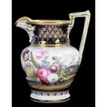 EARLY 19TH CENTURY H&R DANIEL JUG, PAINTED ROSES AND TULIPS BORDERING A LANDSCAPE UNDERNEATH A