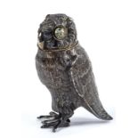 A FRENCH SILVER OWL NOVELTY PEPPER CASTER, THE HEAD FORMING THE COVER AND SET WITH PASTE EYES, 7CM