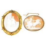 TWO 19TH C CAMEO BROOCHES IN PLATED MOUNTS